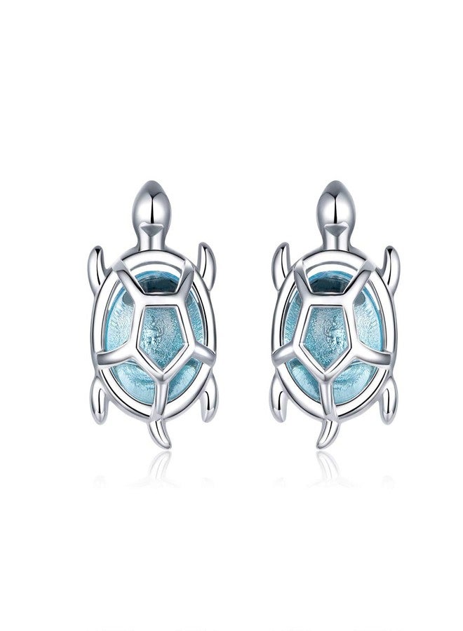 Izpack Cute Turtle Small Stud Earrings Sterling Silver S925 Blue Crystal Cubic Zirconia Sea Turtle Tiny Cartilage Statement Earring Studs Post Piercing Fashion Jewelry Gifts for Women Sensitive Ears - Image 1